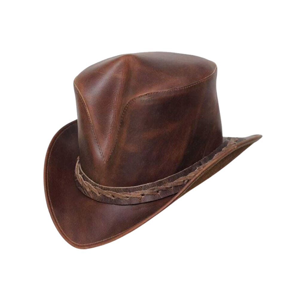 Brown leather cowboy hat with a band on a white background