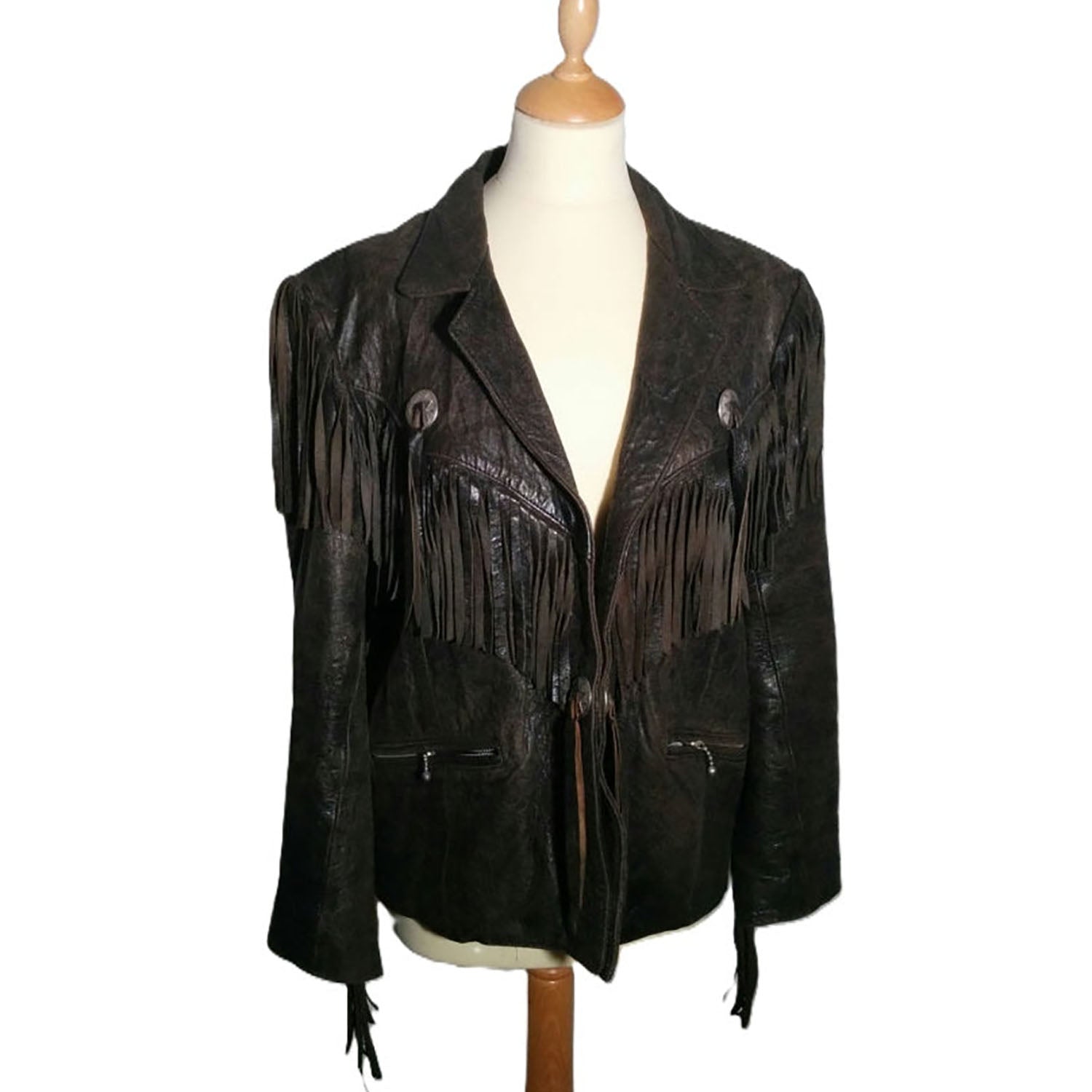 Distressed Black Leather Fringe Jacket For Women front view