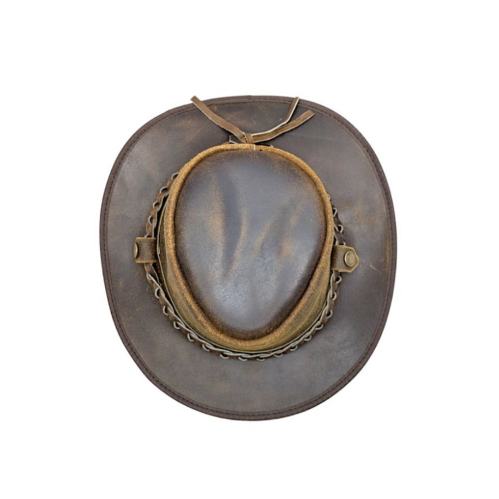 Unisex western-style brown leather hat with braided detail.
