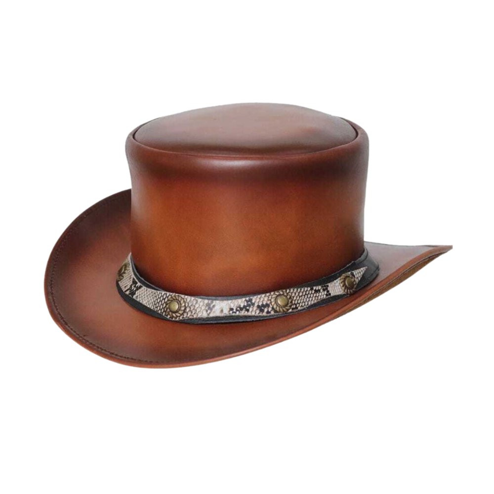 Brown leather cowboy hat with decorative band on a white background