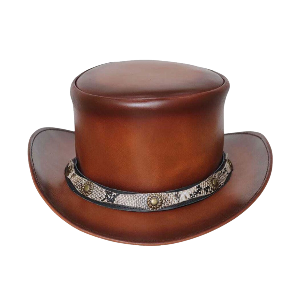 Brown leather top hat with decorative band on a white background