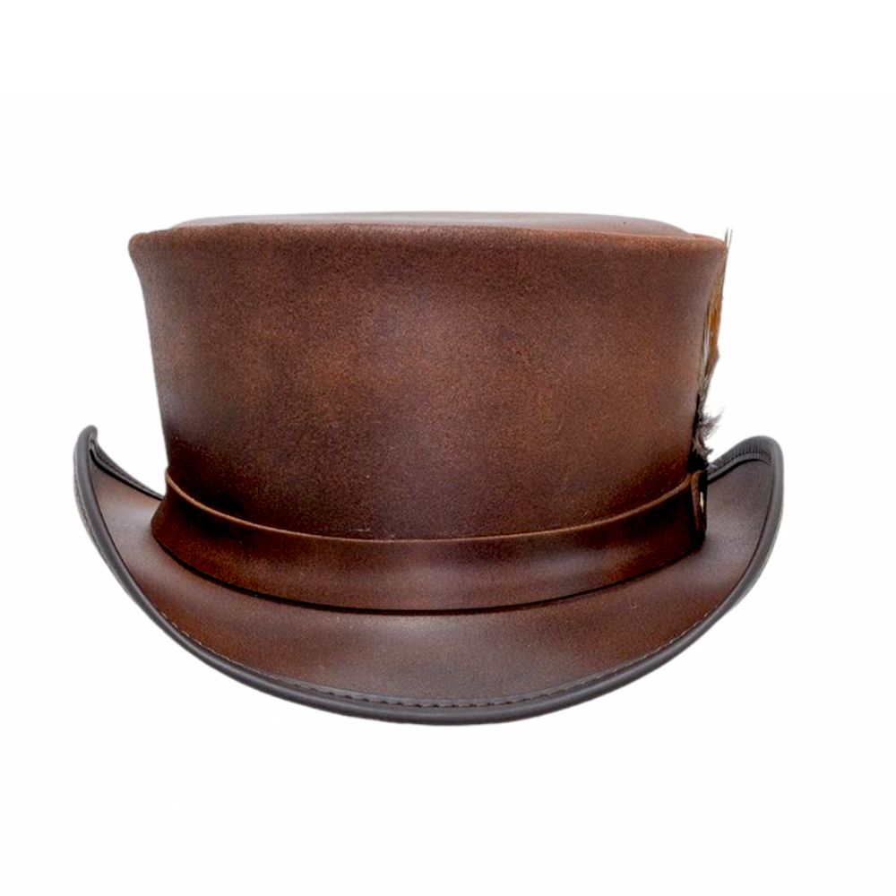 Elegant brown leather top hat with feather.

