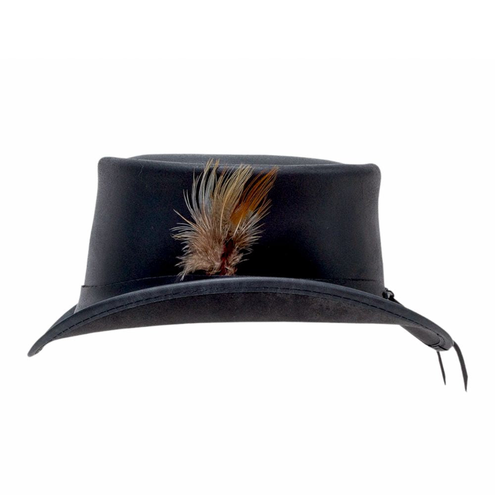 Elegant leather top hat with feather band.
