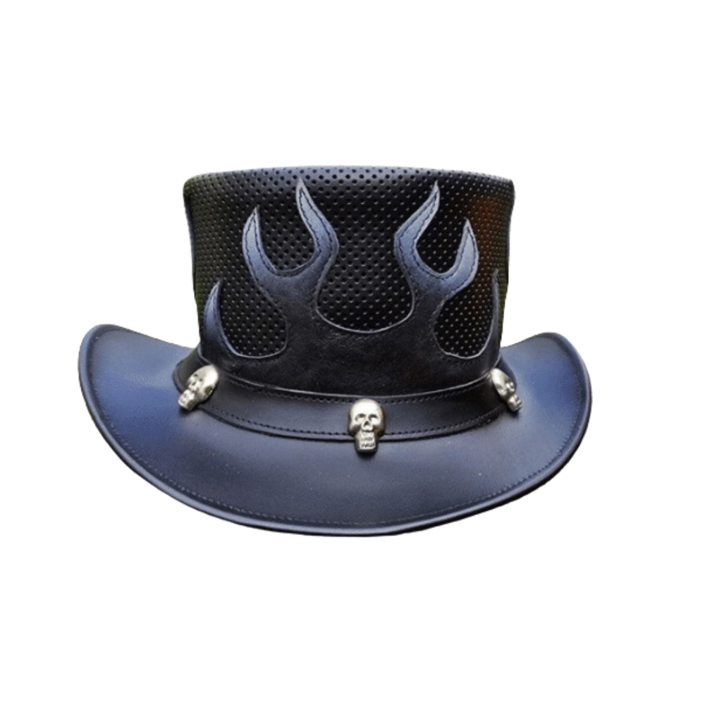 Black leather hat with flame design and skull accents on a white background