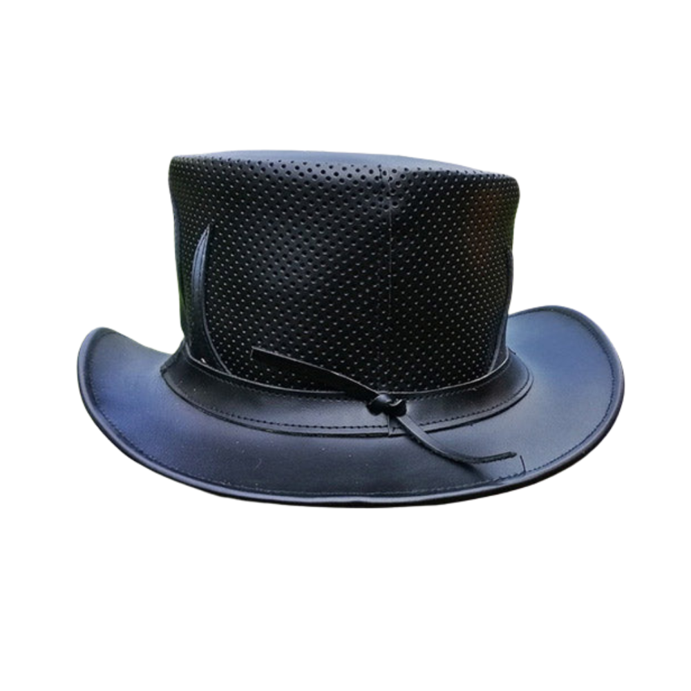 Black top hat with a textured surface on a white background
