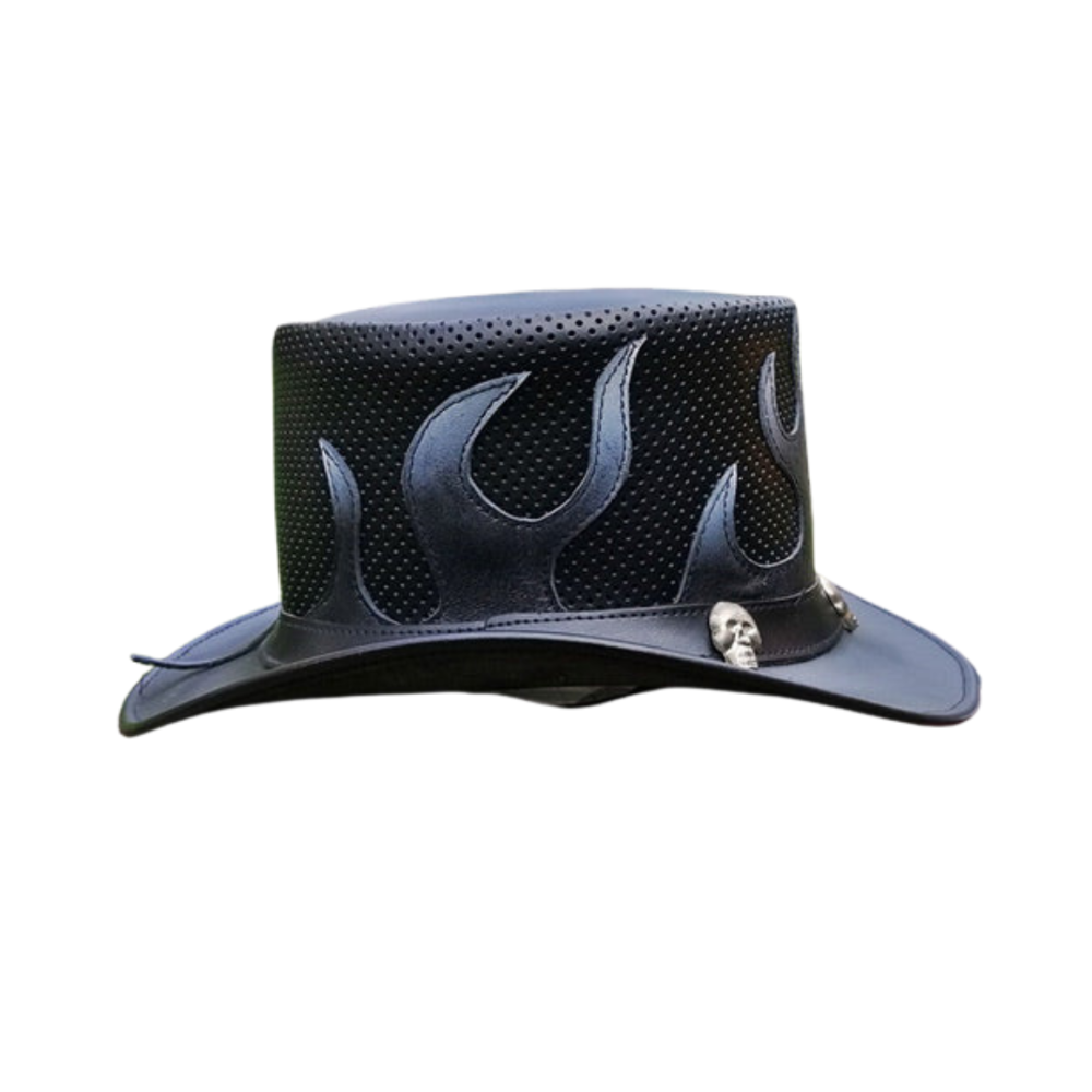 Black leather top hat with flame patterns on a white background
