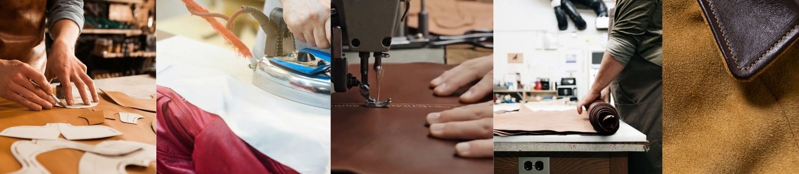 A vertical collage of six photos showing leatherworking and sewing: hands cutting leather, a sewing machine in action, a person working at a table, and a close-up of a brown leather item corner.