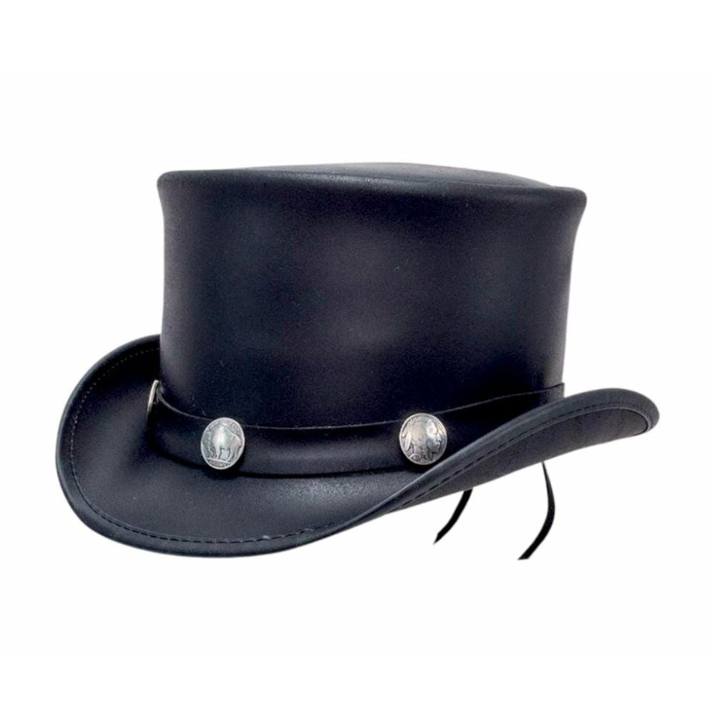 Gambler-style leather hat with metal cards.
