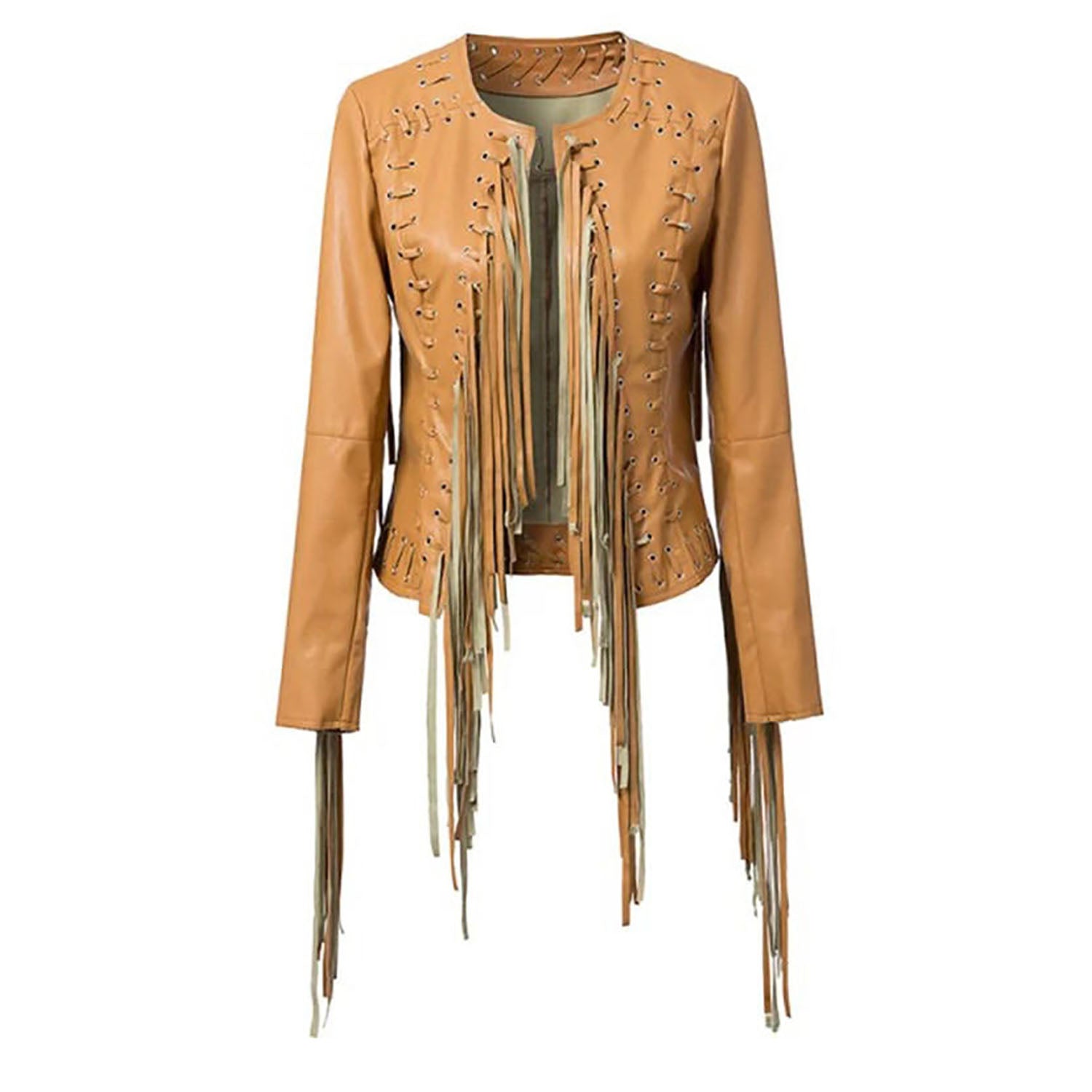 Golden Brown Leather Long Fringe Jacket For Women front view