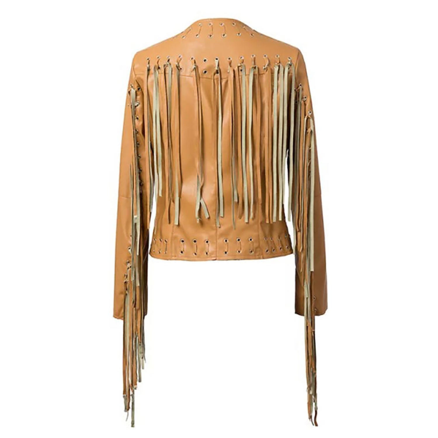 Golden Brown Leather Long Fringe Jacket For Women side view