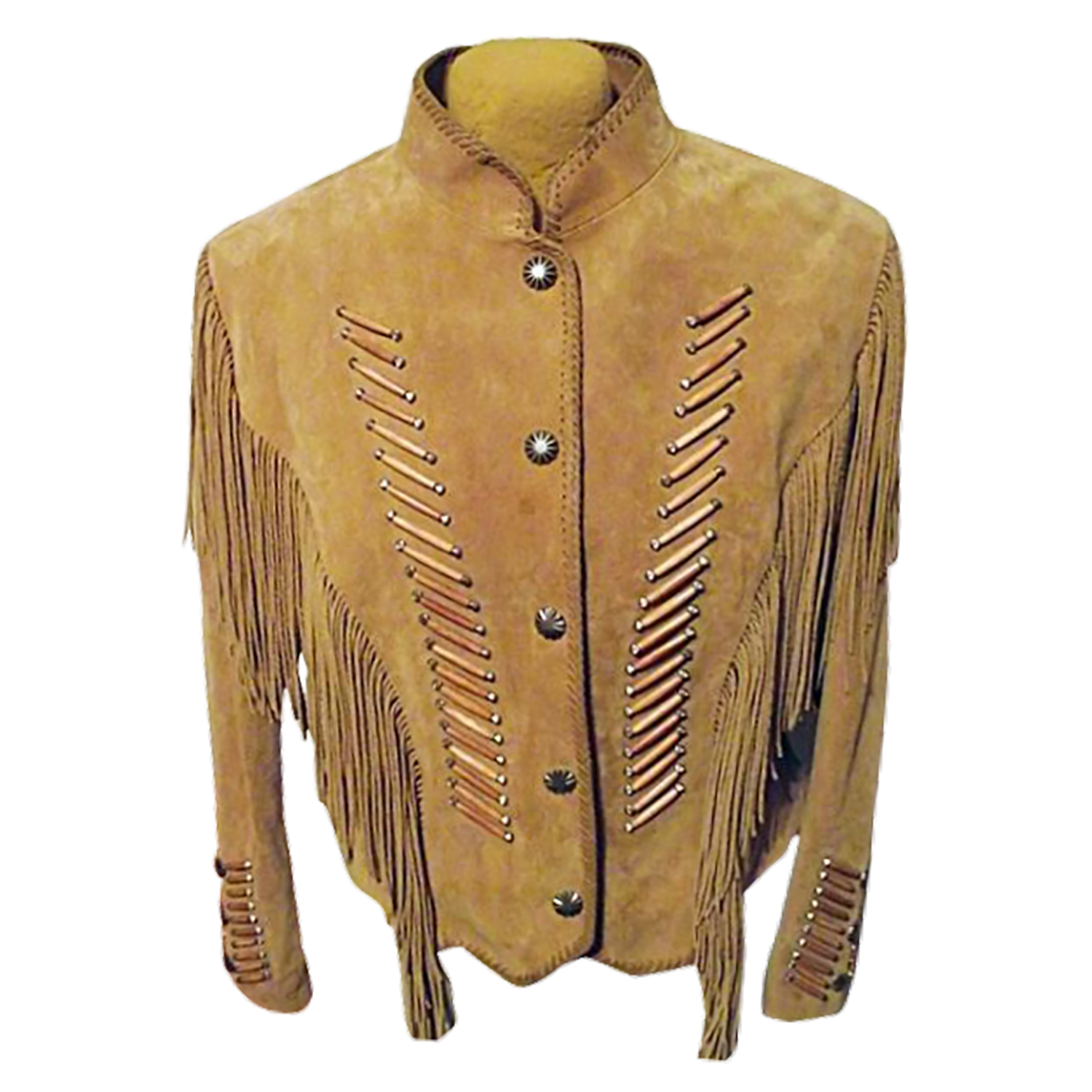 Golden Brown Suede Leather Bone Fringe Jacket For Women front view