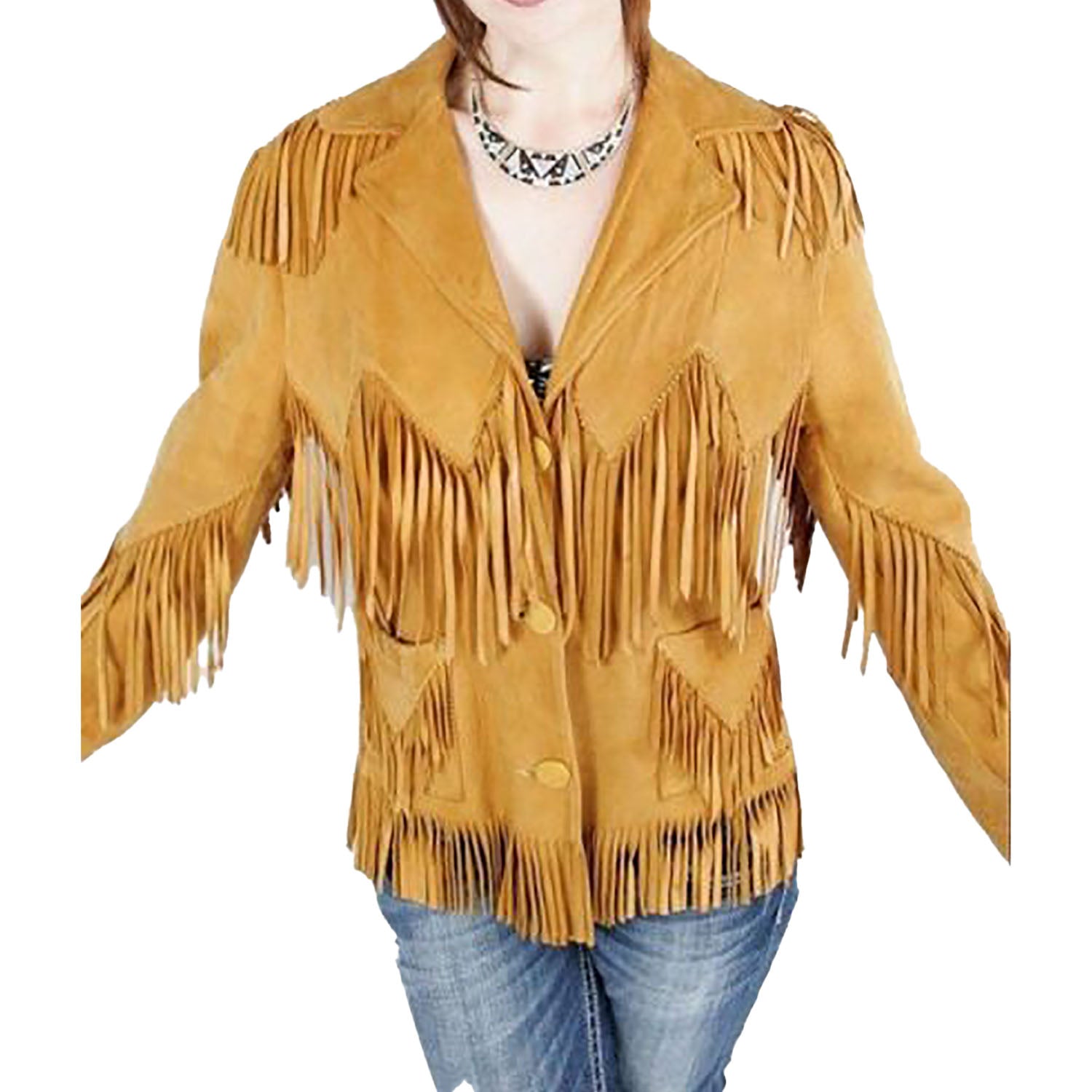Golden Brown Suede Leather Fringe Jacket For Women front view