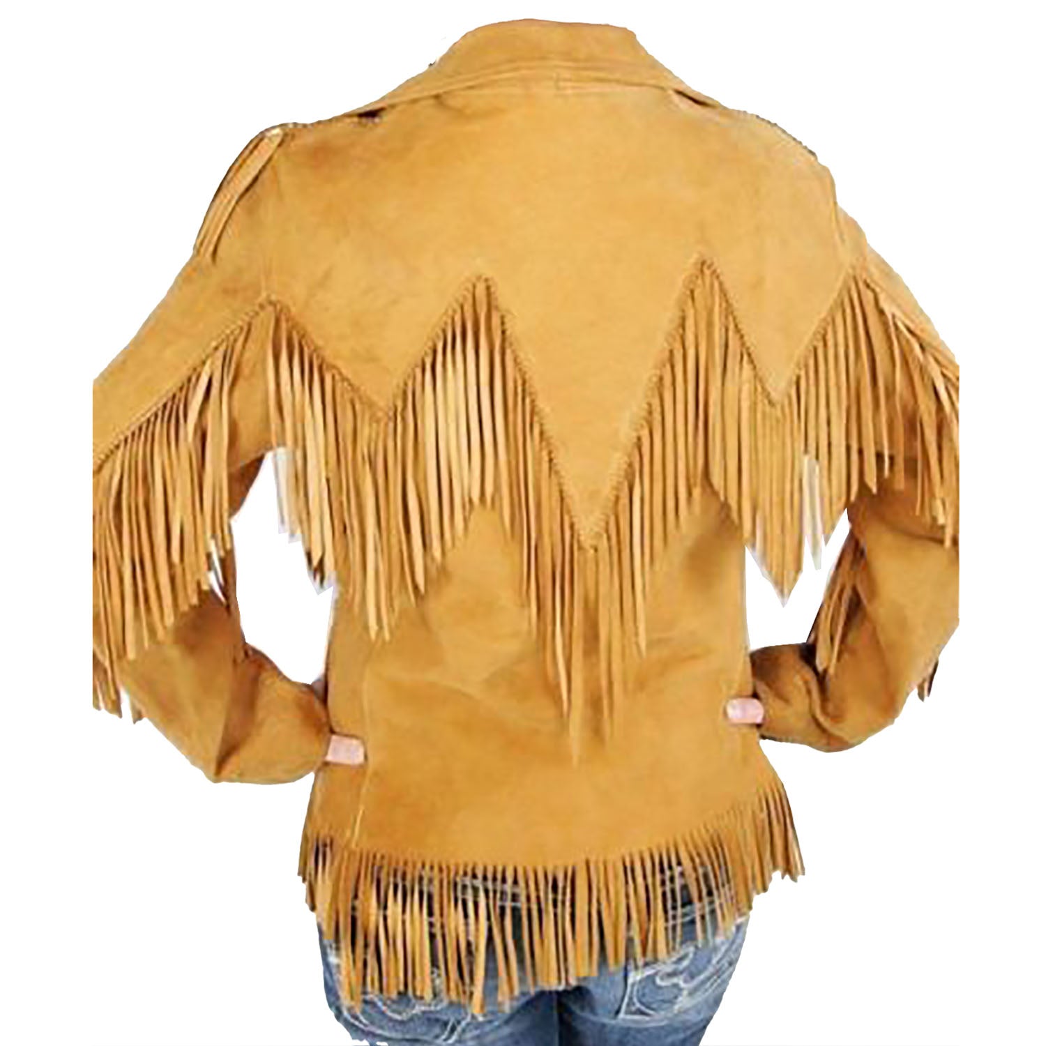 Golden Brown Suede Leather Fringe Jacket For Women side view