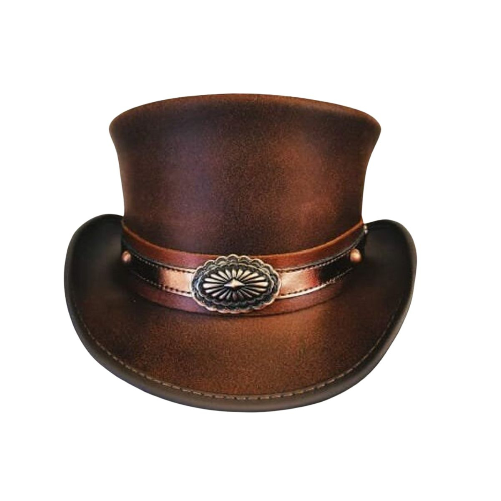 Brown leather top hat with decorative band and concho on a white background
