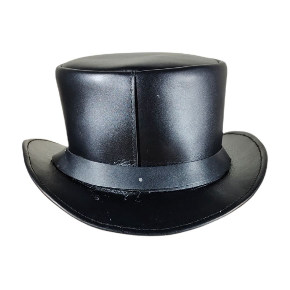 Gothic leather top hat with skull design.
