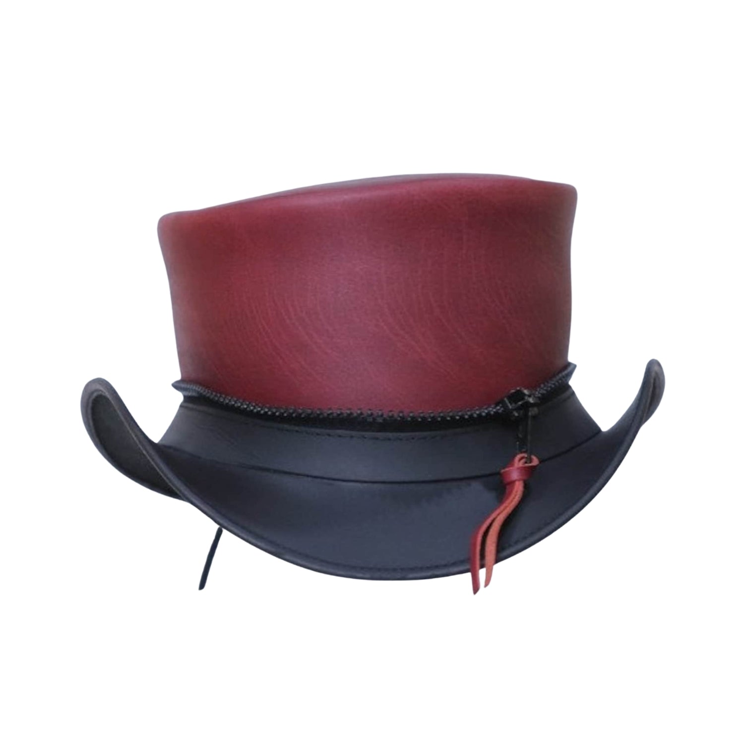 Gothic style reddish maroon leather top hat
