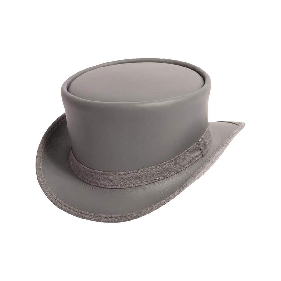 Grey leather top hat with steampunk design
