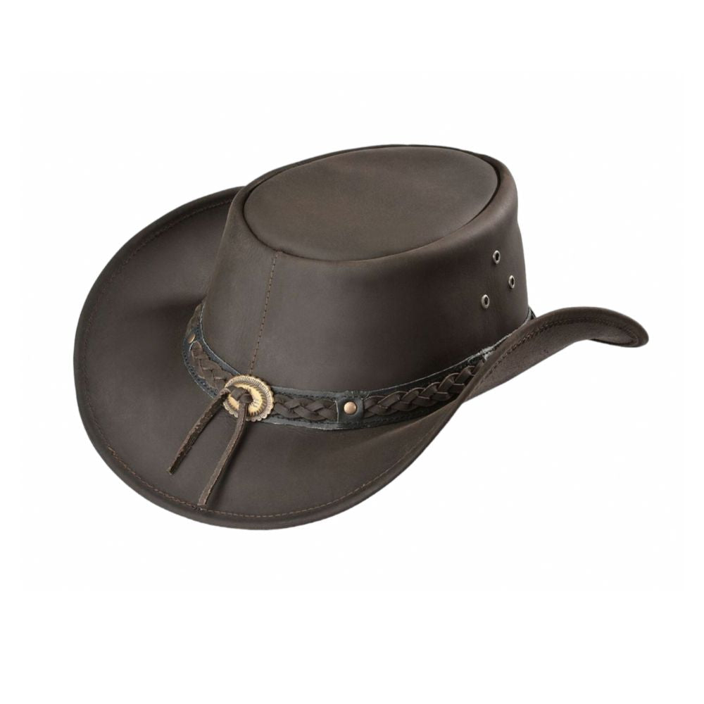 Handcrafted black and brown leather cowboy hat.
