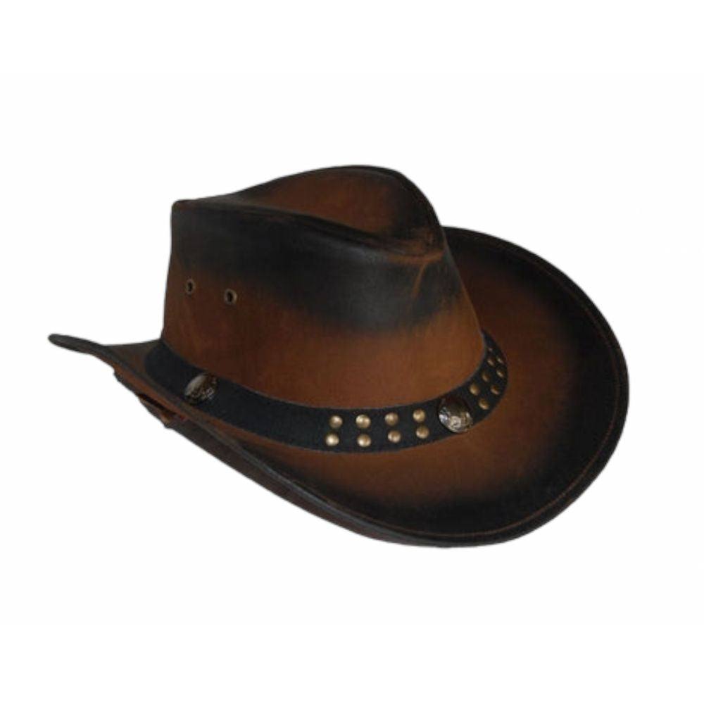 Handcrafted leather cowboy hat with western design.
