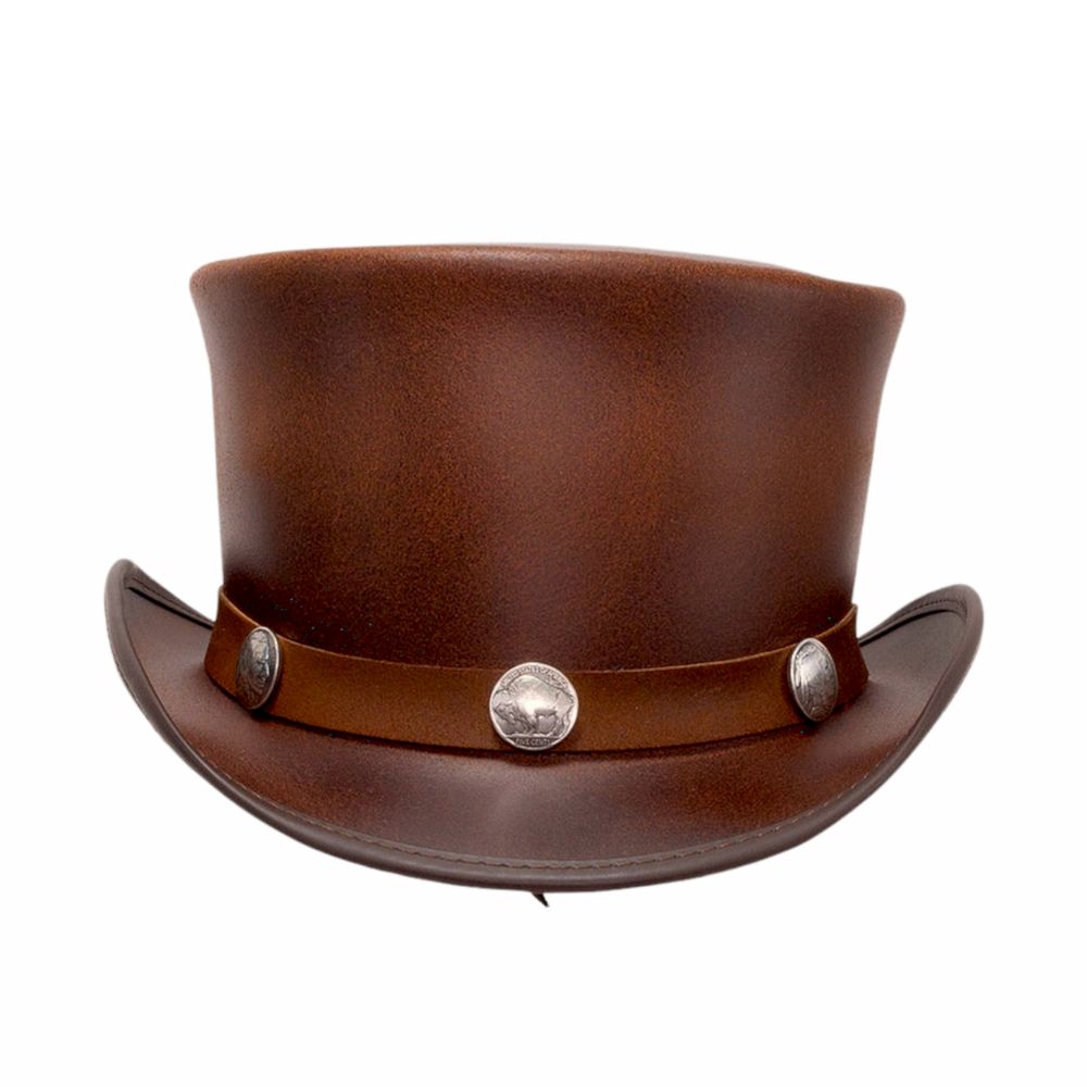 Handcrafted western leather top hat.

