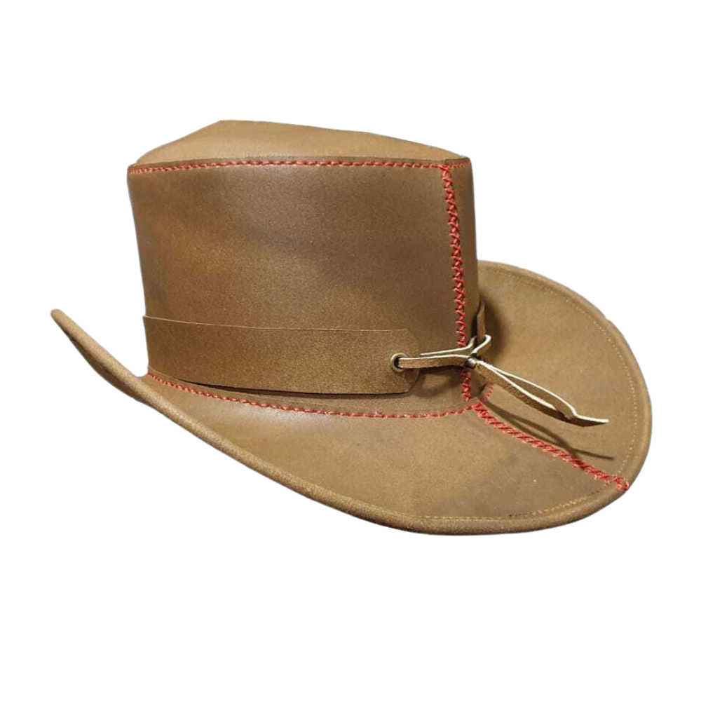 Brown leather hat with red stitching on a white background