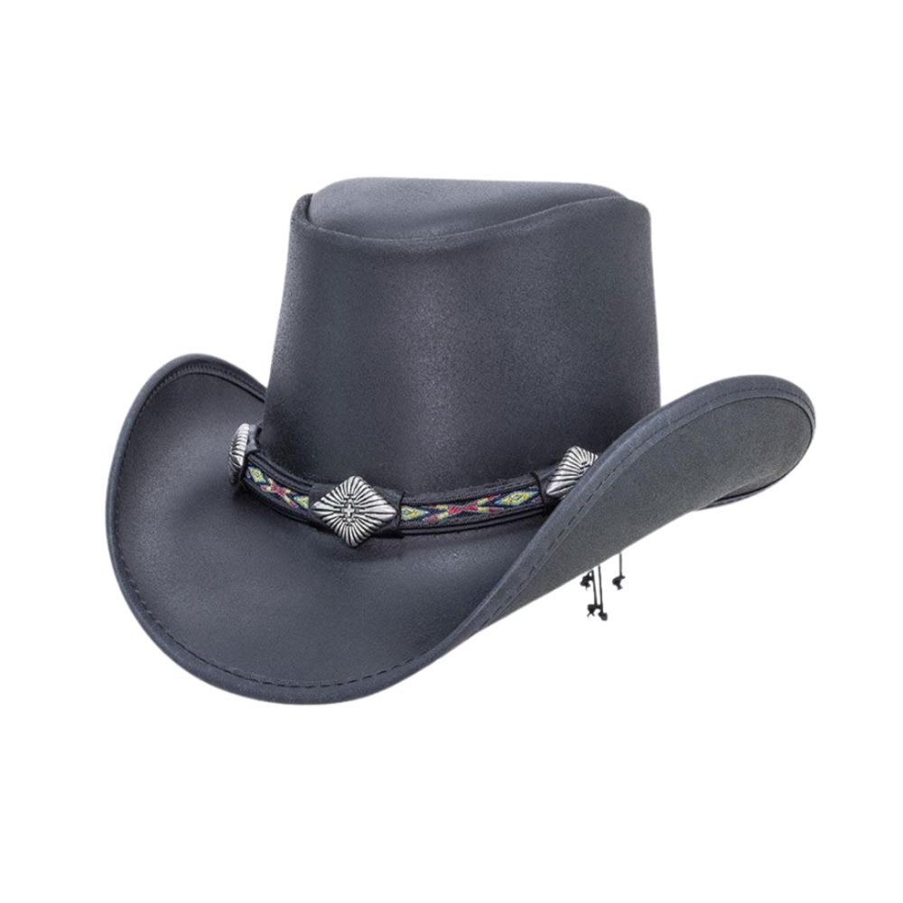 Dark gray cowboy hat with decorative band on a white background