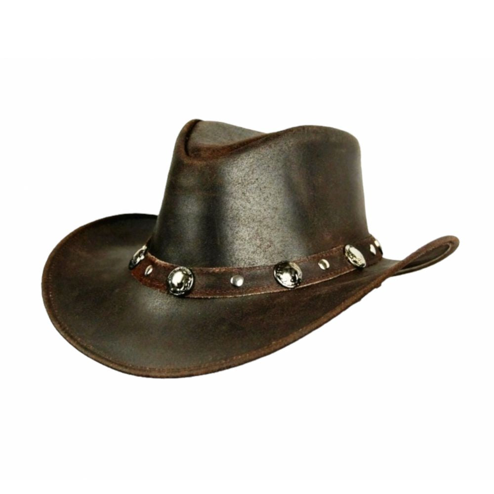 Leather cowboy hat with bull buttons.
