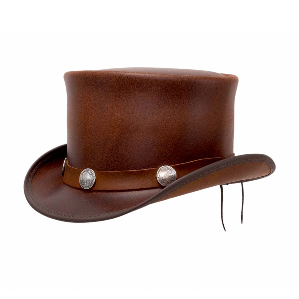 Leather top hat with bull buttons.
