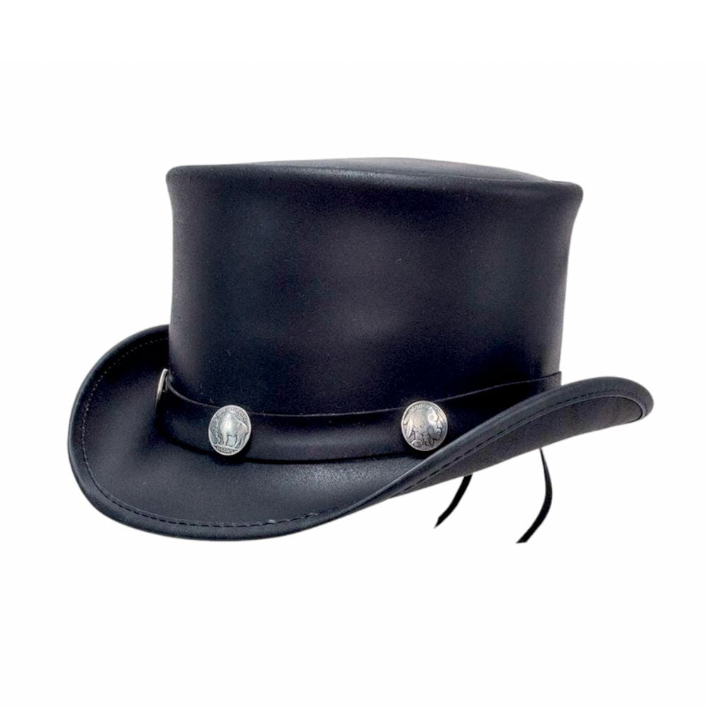 Leather top hat with bull metal details.






