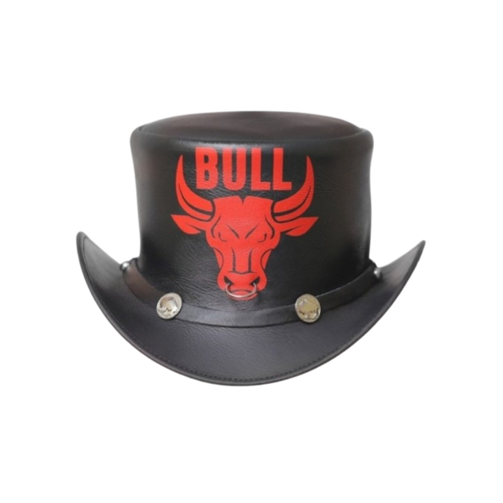 Leather top hat with bull style design





