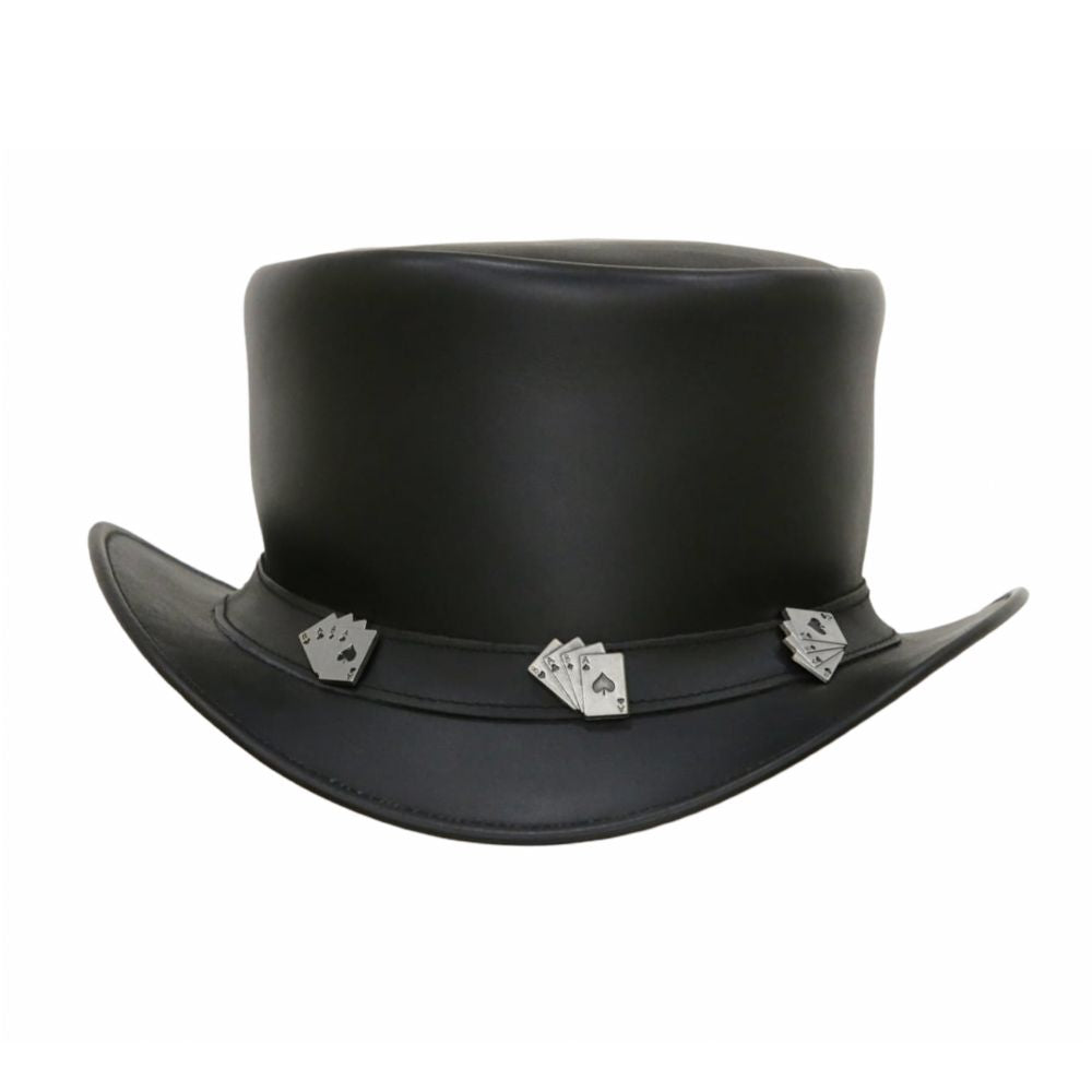 Leather top hat with playing card band.
