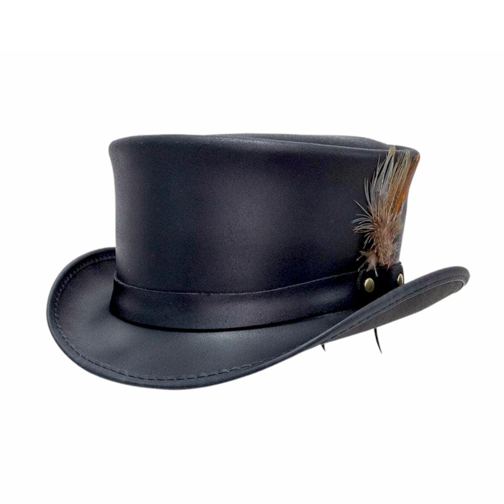 Luxury black leather top hat with feather.
