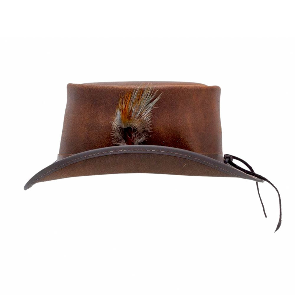 Luxury leather top hat with ostrich feather.
