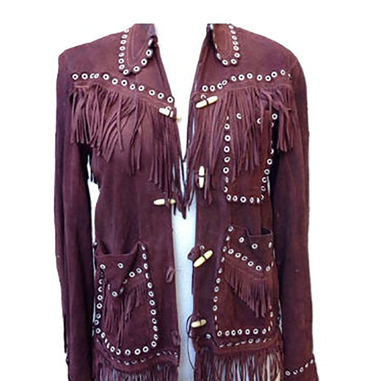 Maroon Suede Leather Fringe Studded Jacket For Women front view