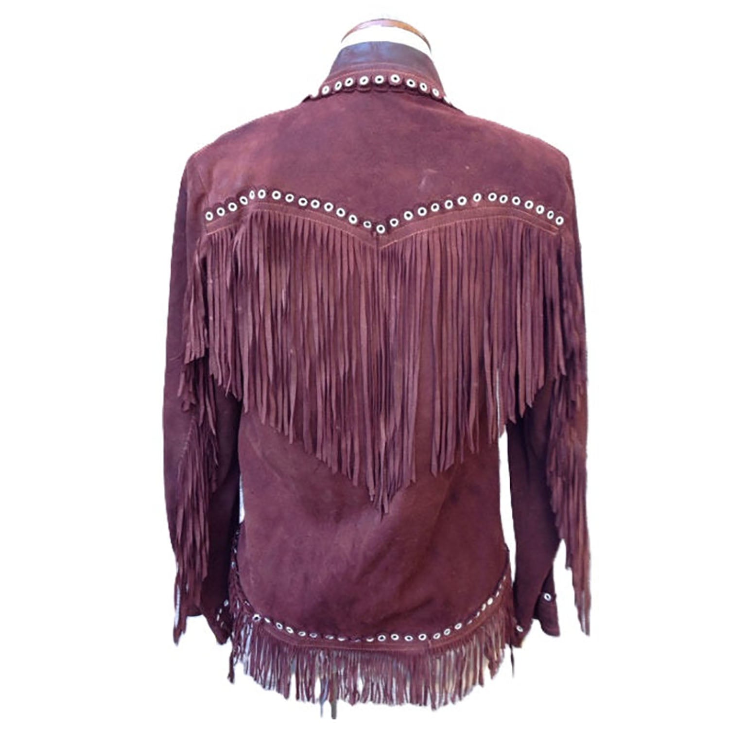 Maroon Suede Leather Fringe Studded Jacket For Women side view