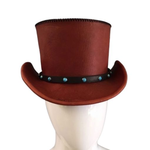 Maroon leather cowboy hat with classic design
