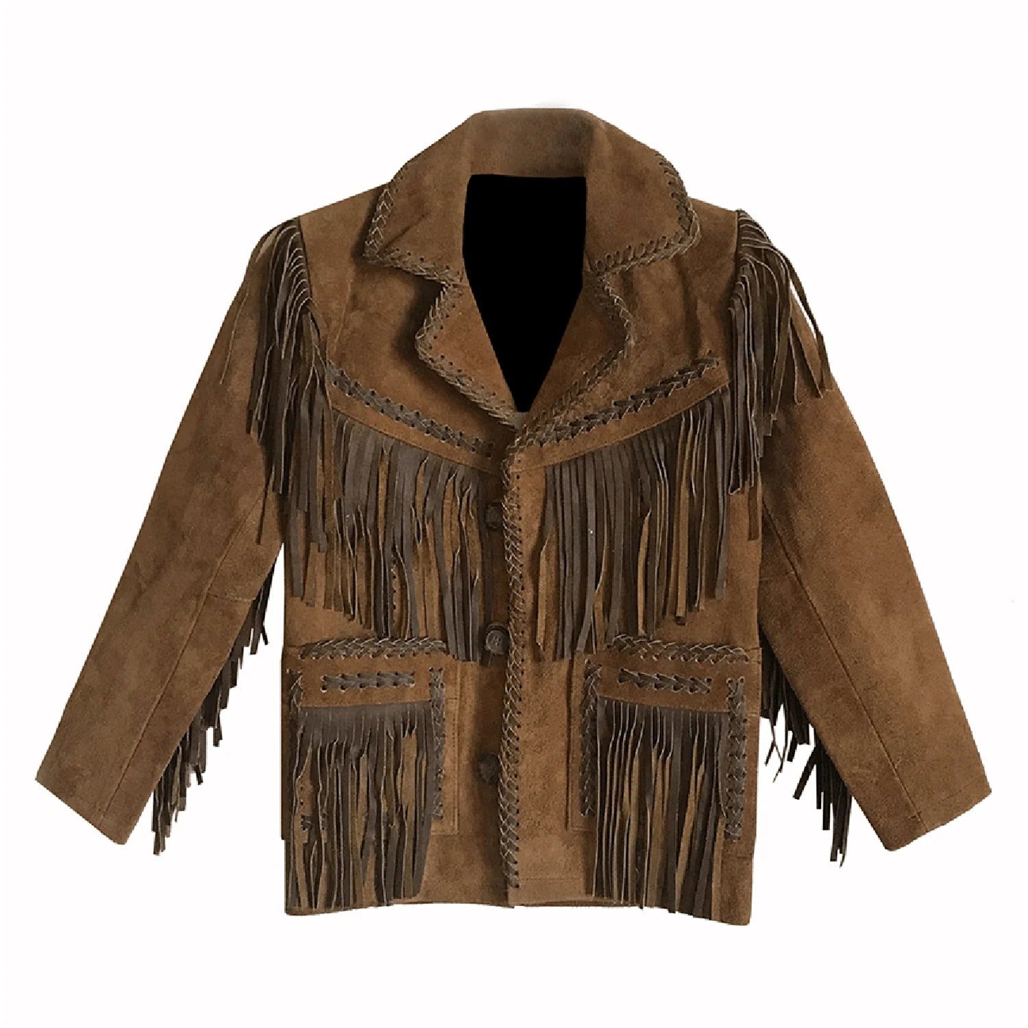 Front View of the brown suede leather fringe jacket for men