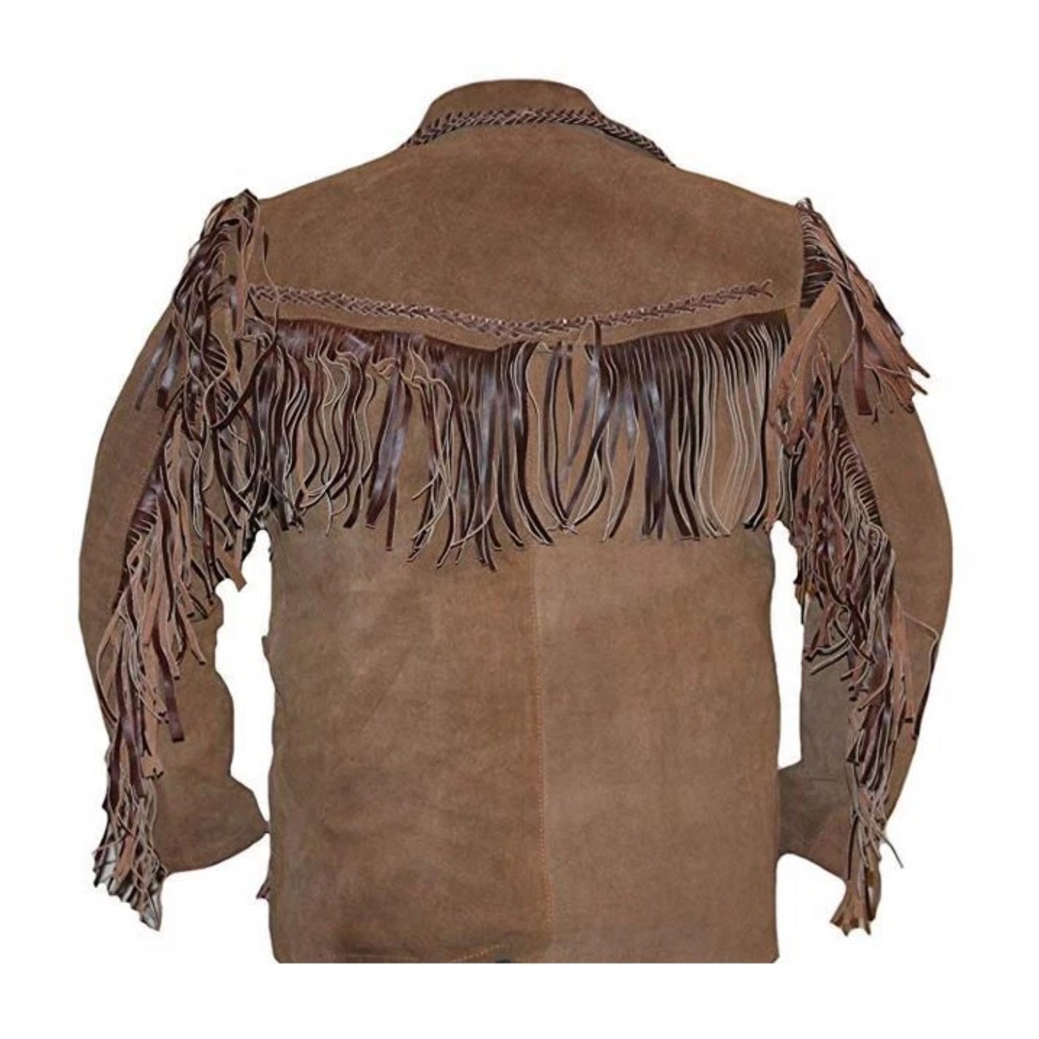 Back View of the brown suede leather fringe jacket for men