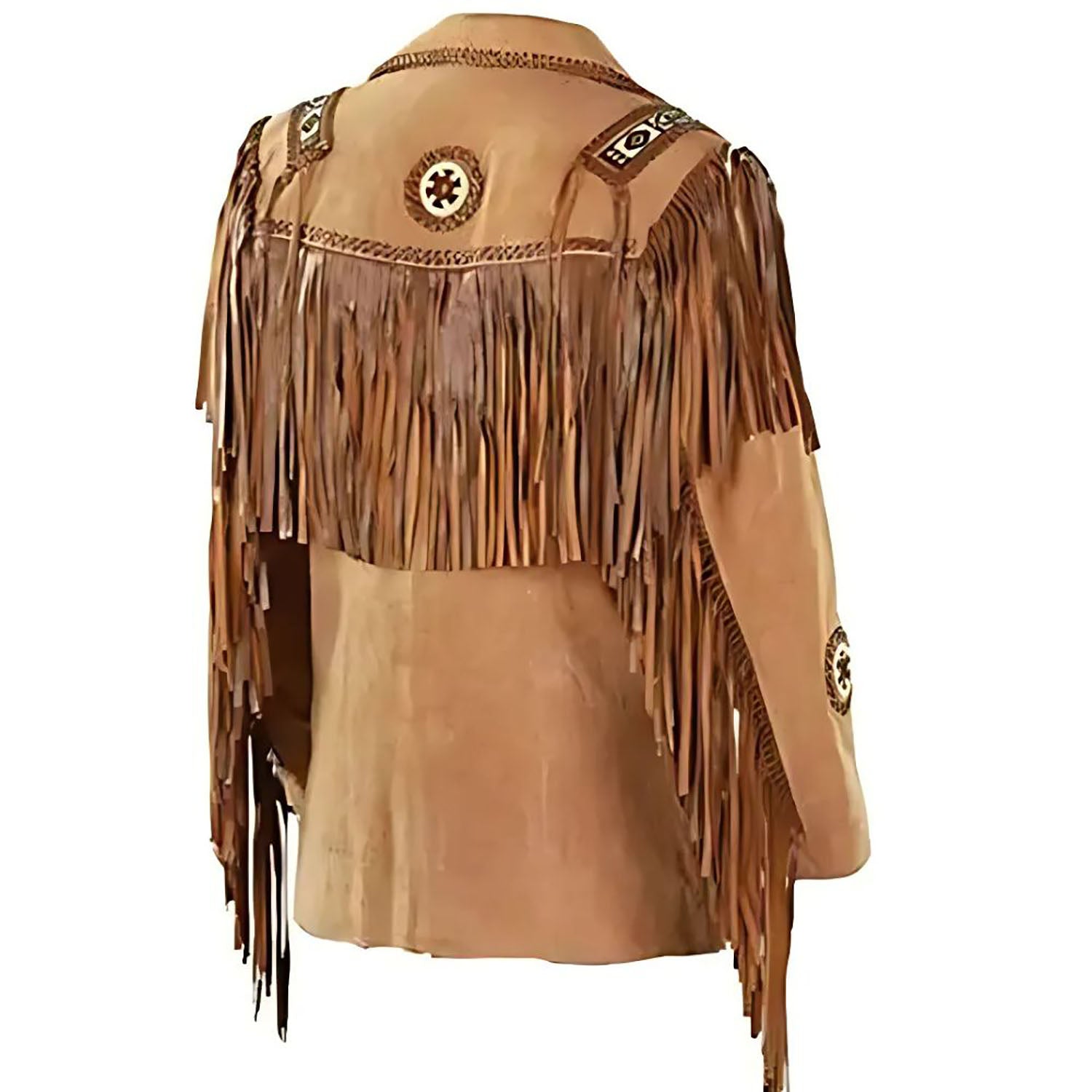 Worn styled look showing the suede leather fringe jacket with beaded detailing