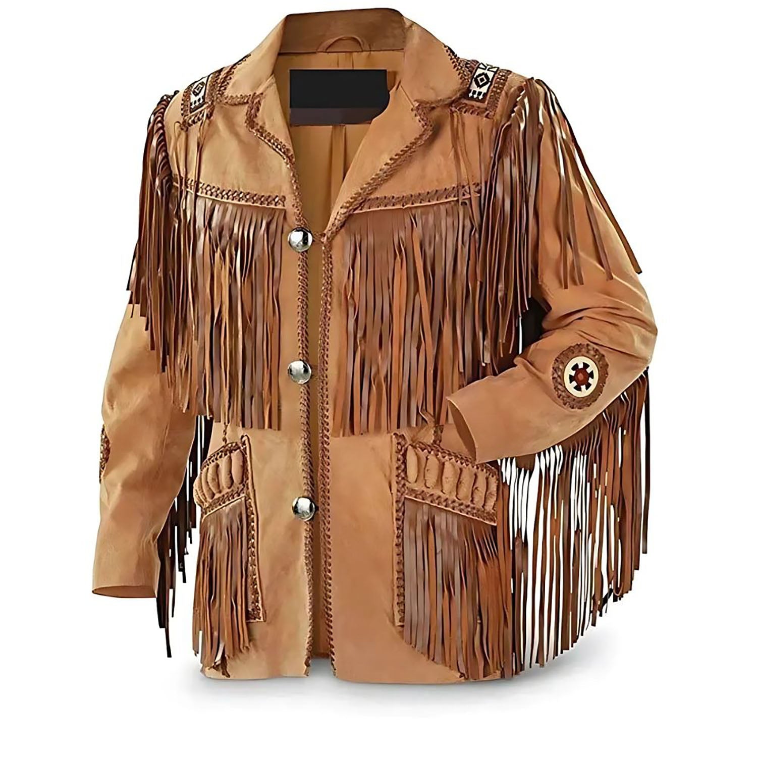Close-up detail showing the suede leather fringe jacket with beaded detailing