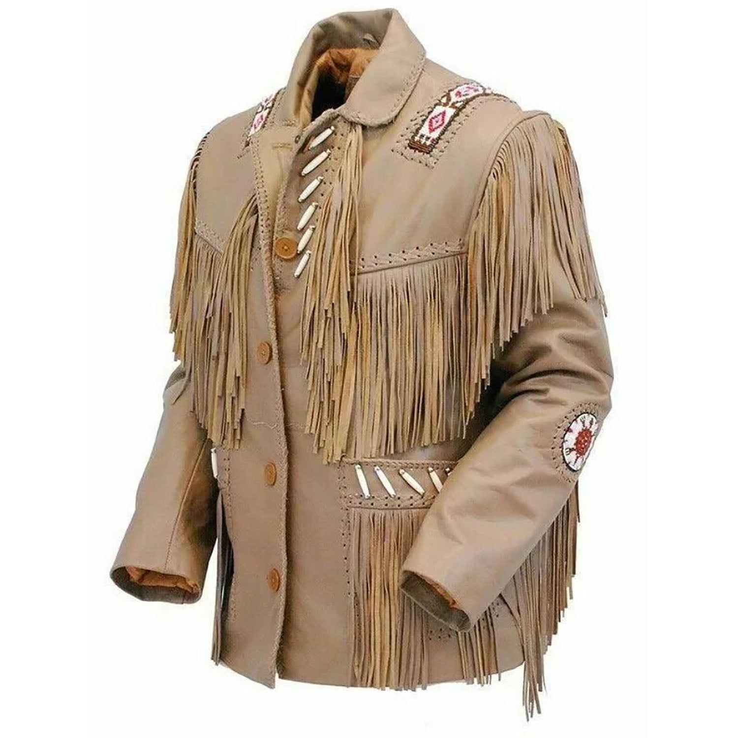 The beige cowhide leather jacket with bone-work trim, pictured from the back