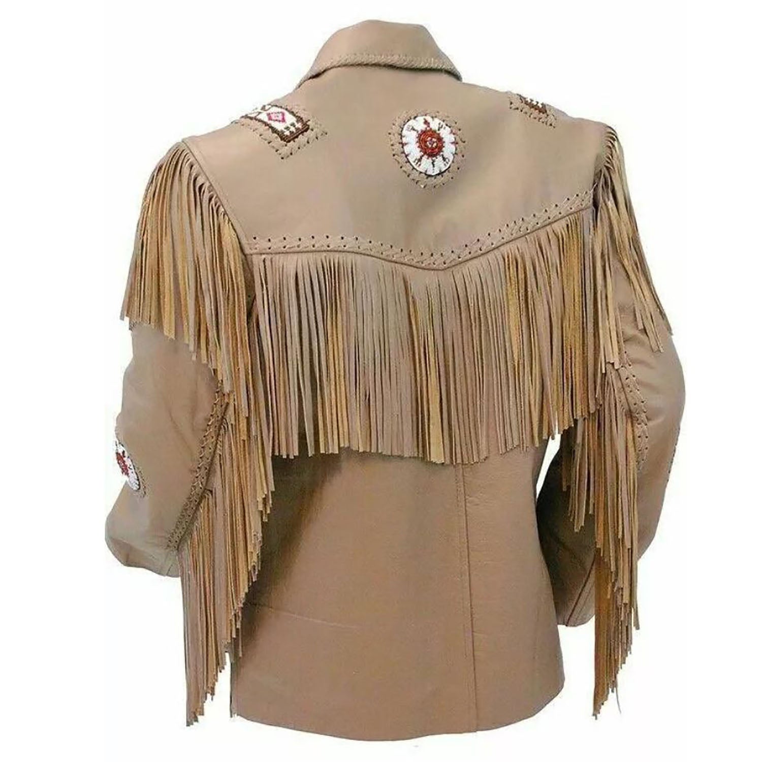 The beige cowhide leather jacket with beaded detailing, pictured in close-up