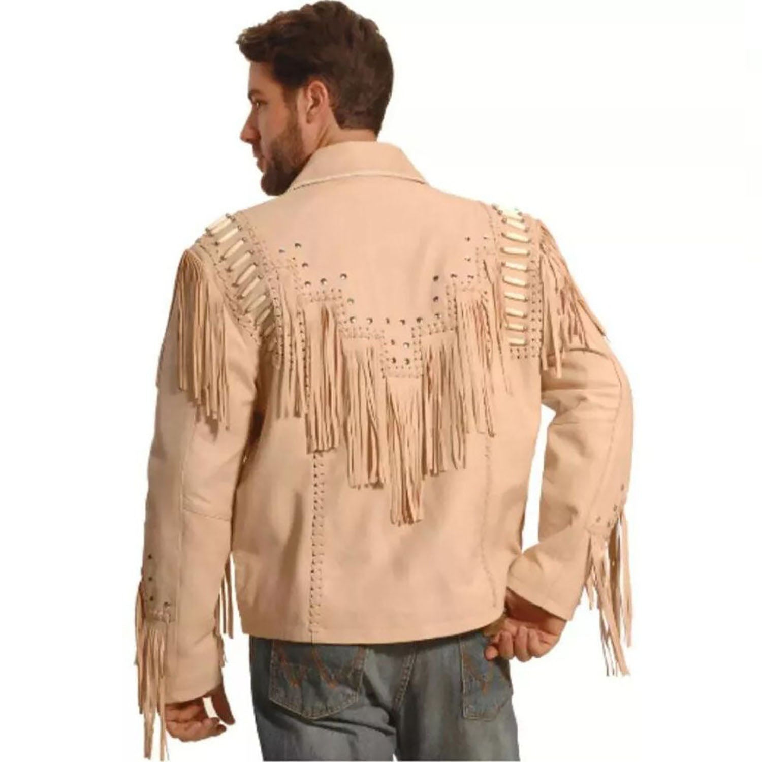 Beige cowhide leather fringe jacket with bone-work trim, close-up detail
