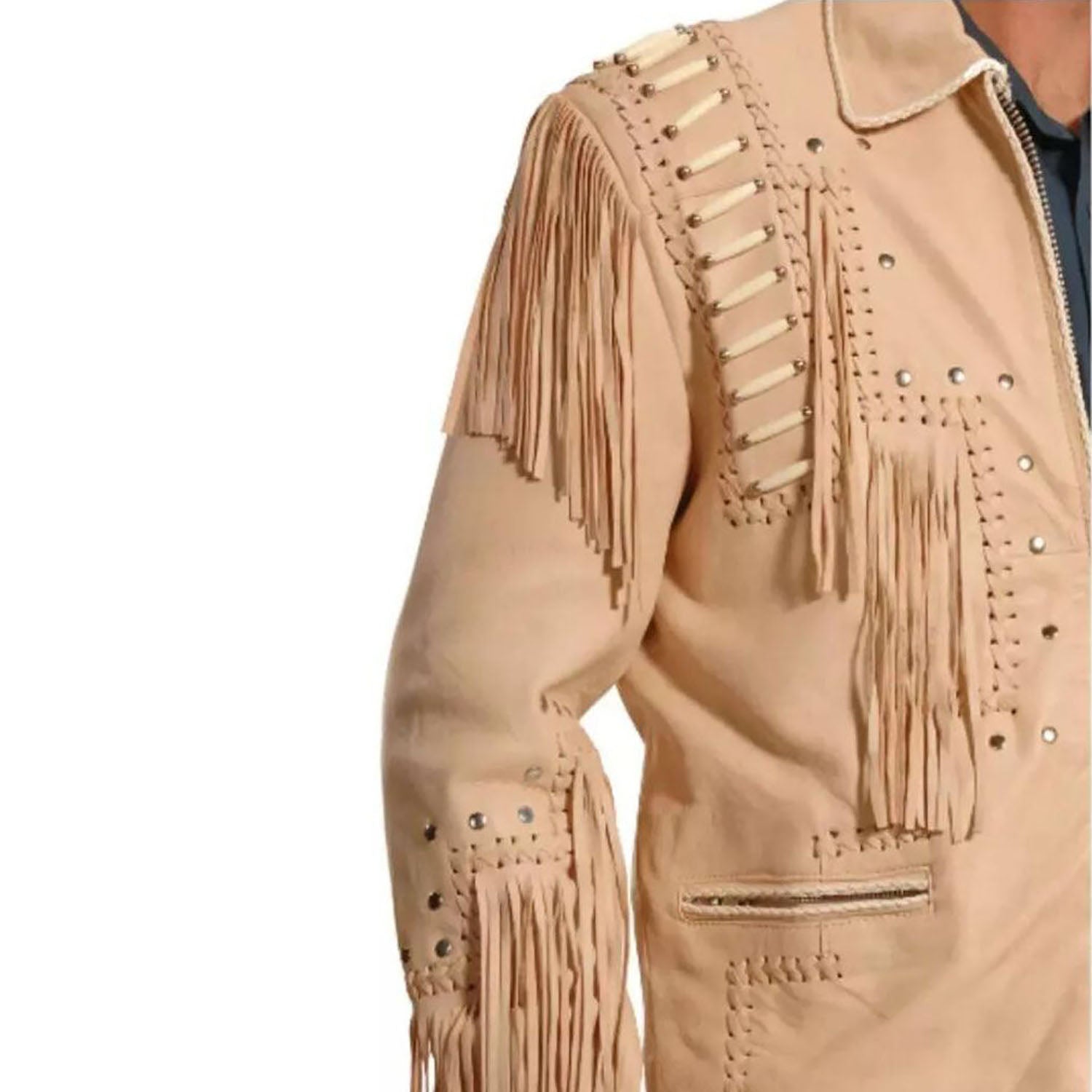 Beige cowhide leather fringe jacket with studded accents, back view