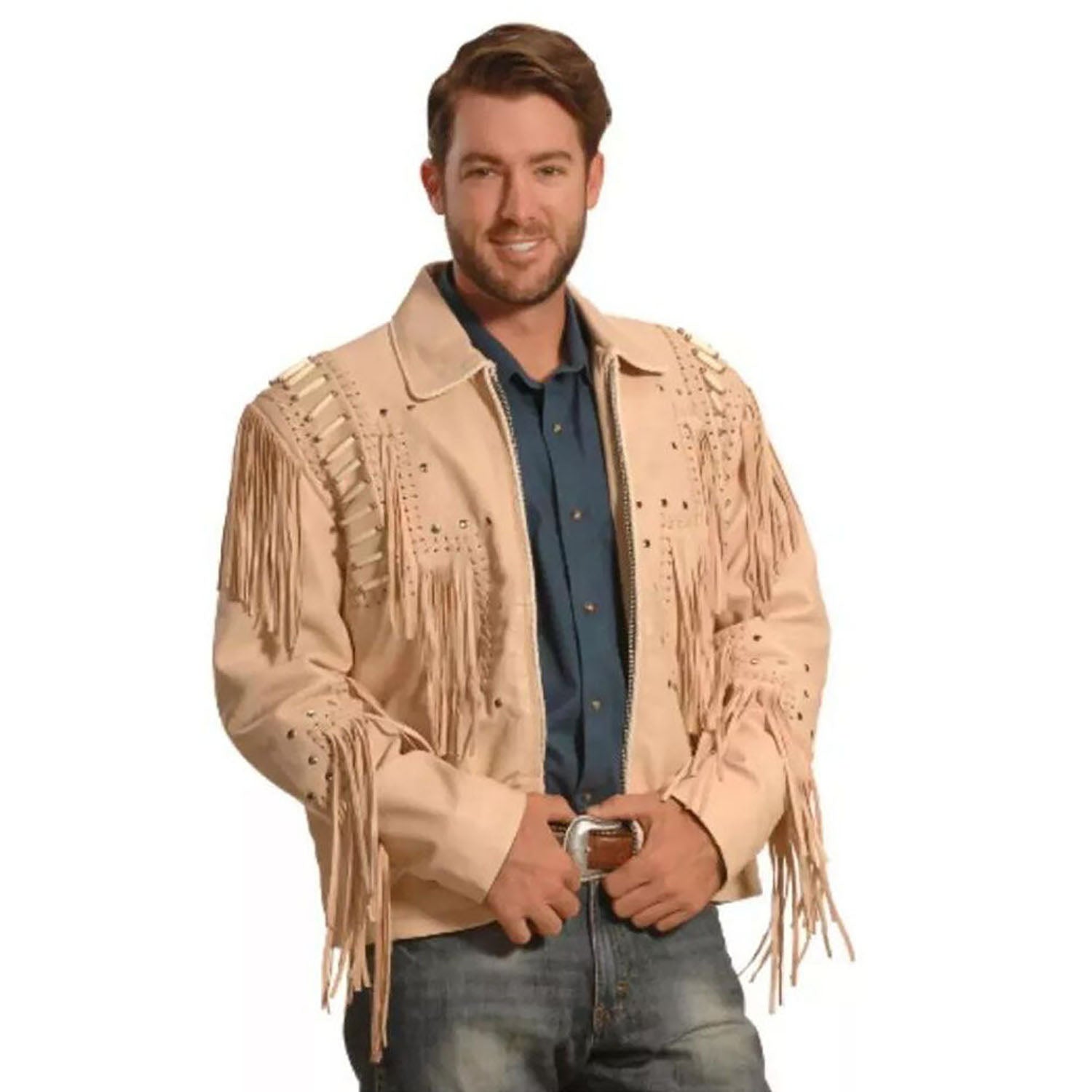 Beige cowhide leather fringe jacket with bone-work trim, side profile