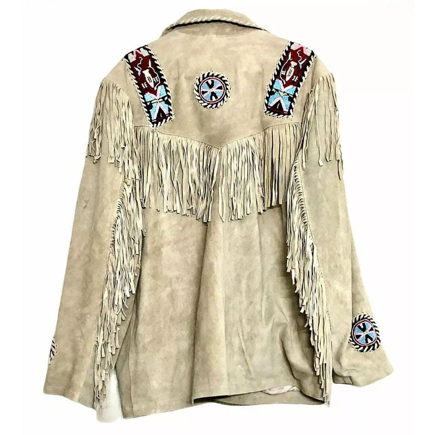 Side profile of the beige leather fringe jacket with bone-work trim for men