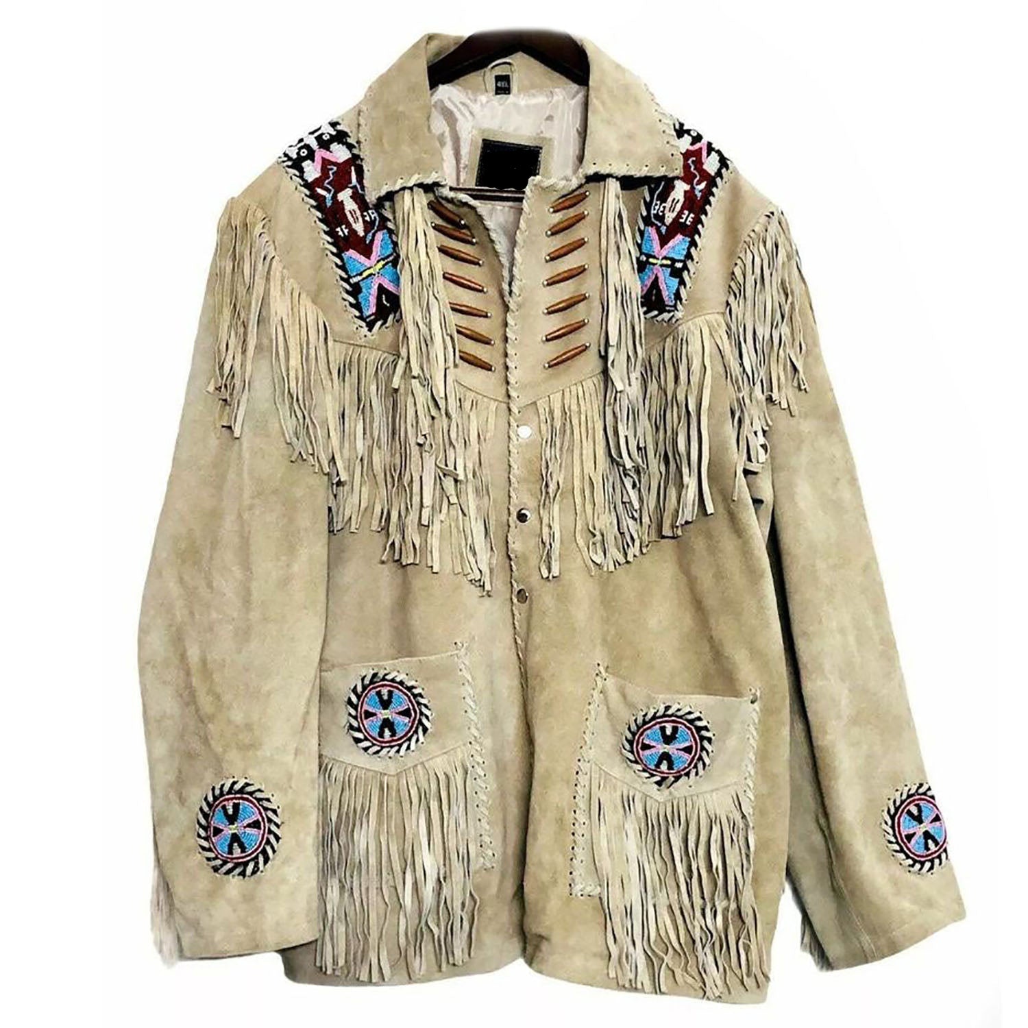 Front view of the beige leather fringe jacket with bone-work trim for men