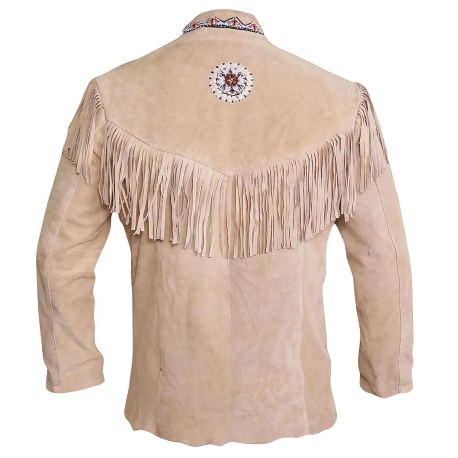 Front view showing the beige suede leather fringe jacket with cowboy style