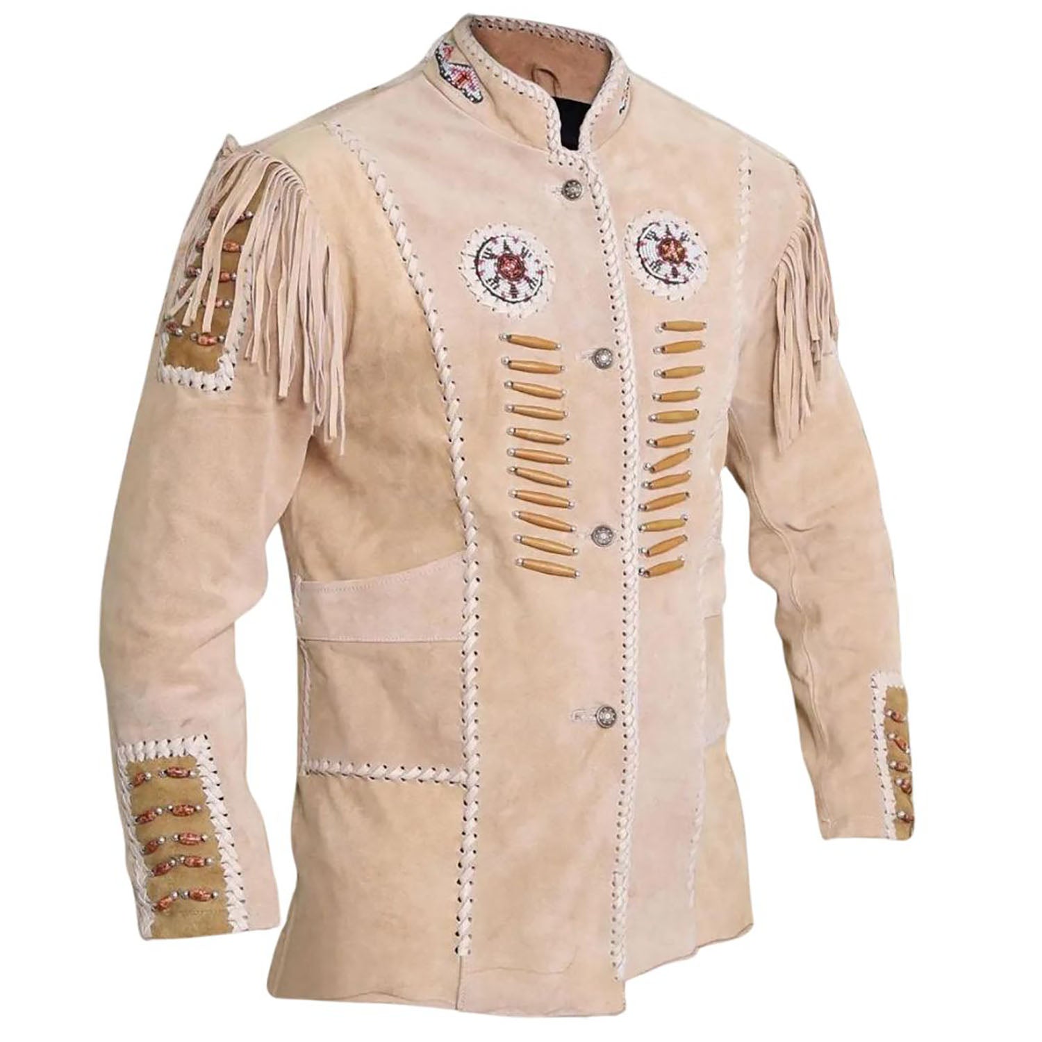 Detail shot showing the beige suede leather fringe jacket with cowboy style