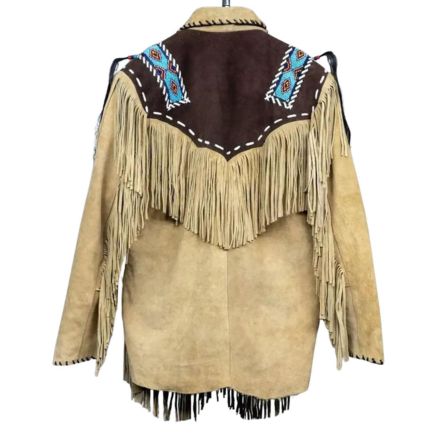 The beige suede leather fringe jacket with beaded detailing, pictured in close-up
